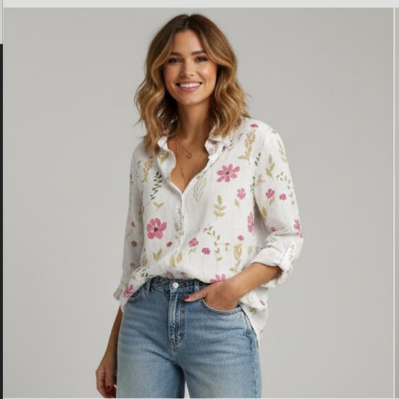 Boho Floral Print Blouse White - Picture 1 of 8